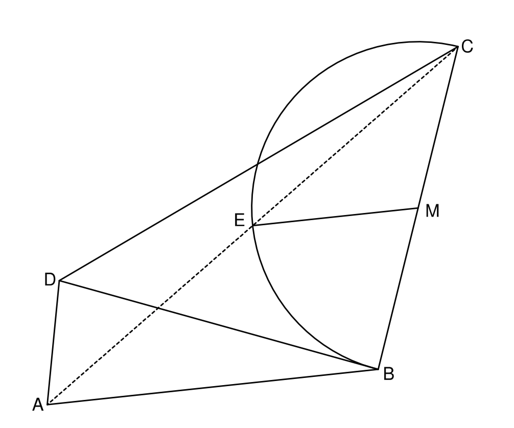 Geometrische Skizze: Viereck mit Diagonalen, Kreisbogen und markierten Punkten A, B, C, D, E, M, gestrichelte Linie AC.